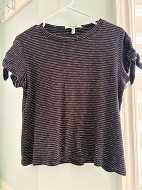 Derek Lam Navy and White Striped Tie-Sleeve Crewneck Tee
